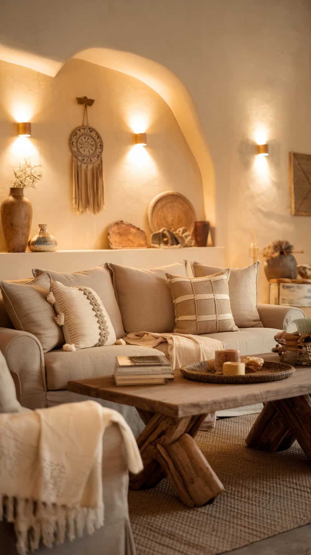 A cozy living room featuring a soft beige sofa with wood legs, decorative pillows, and a rustic coffee table.