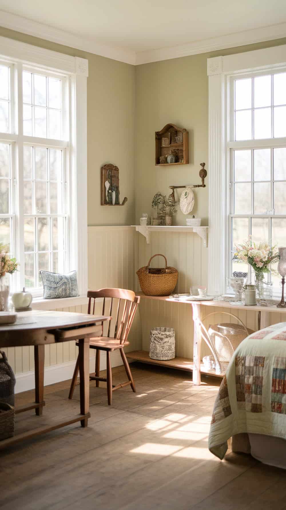 A cozy room with sage green walls, wooden furniture, and natural light.