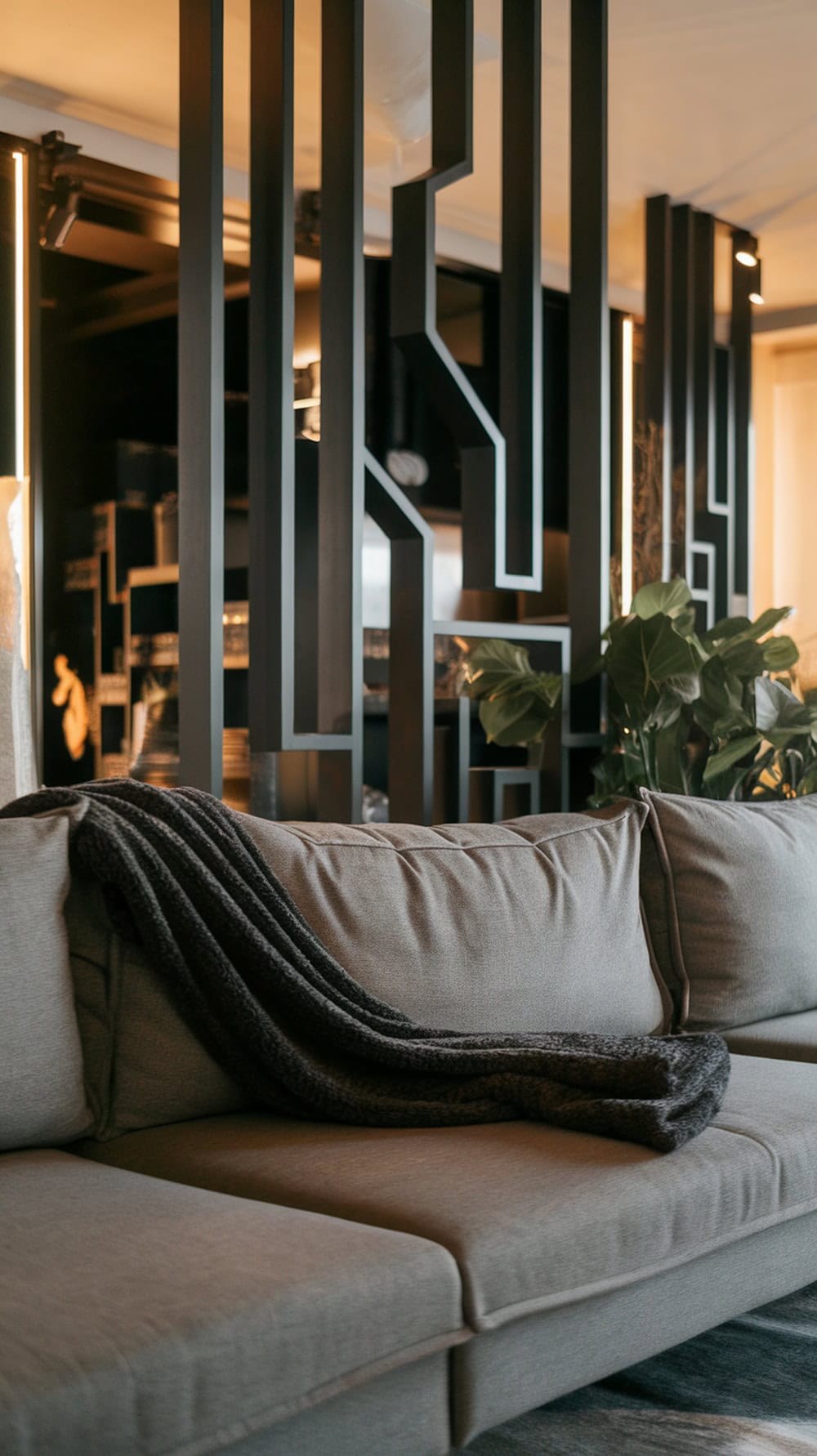 A grey couch with a soft black throw blanket draped over it, creating a cozy living room vibe.