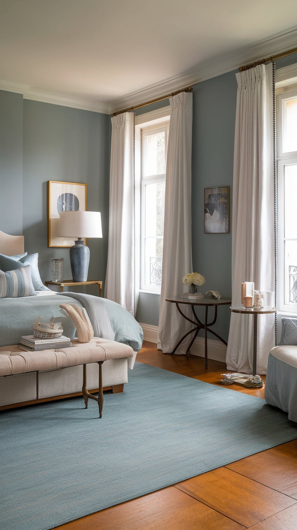 A soft blue area rug placed over a wooden floor in a cozy bedroom setting.