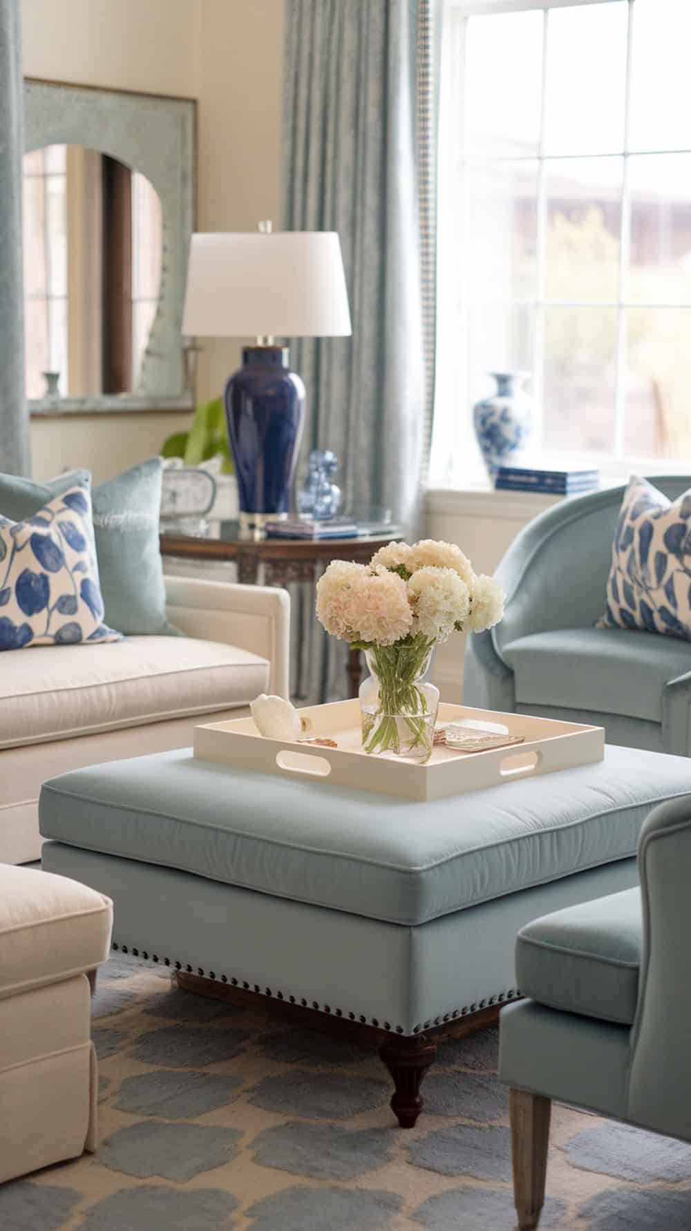 A soft blue ottoman with a cream tray holding flowers in a cozy living room.