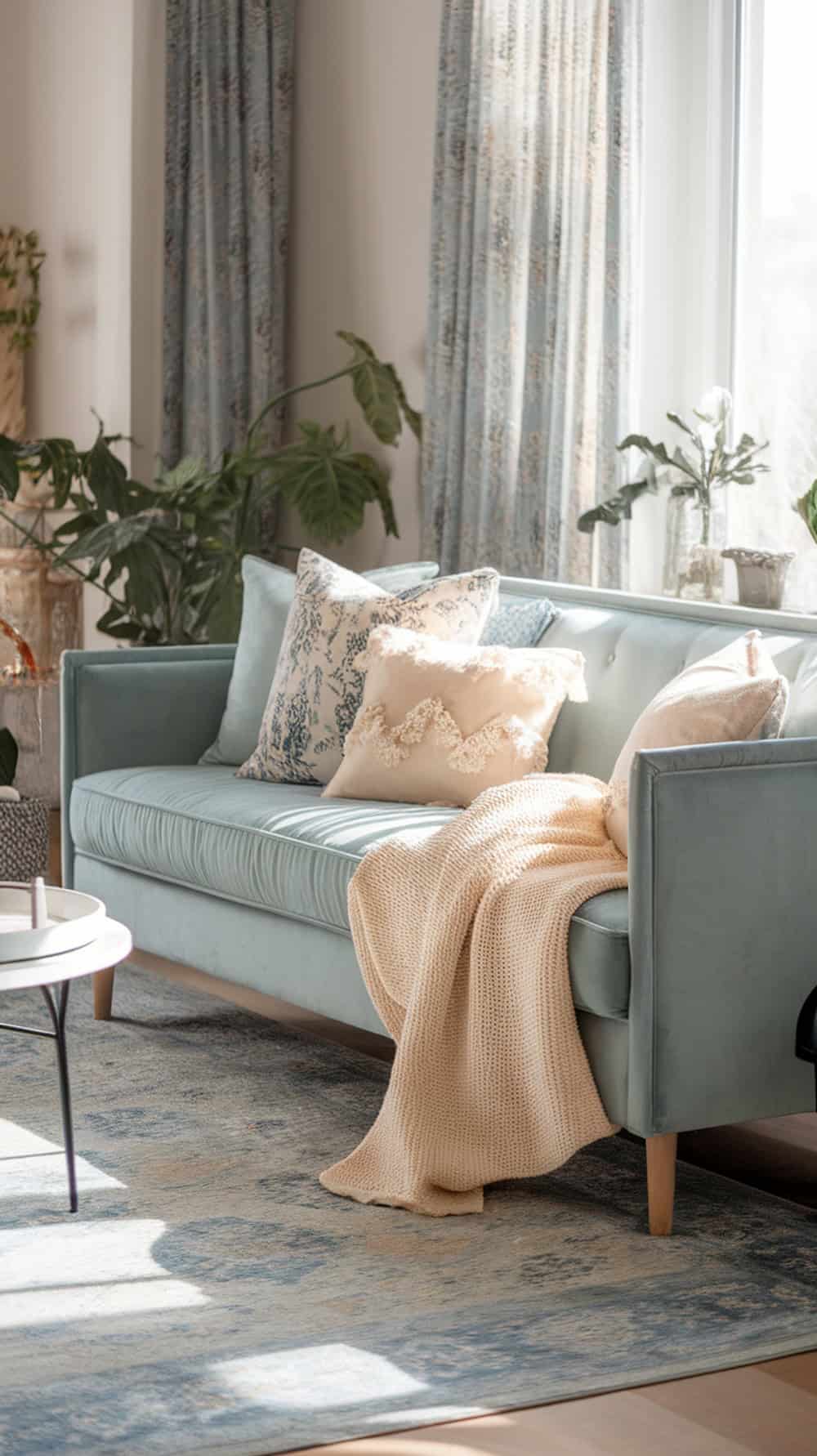A soft blue sofa with a cream knit throw and decorative pillows in a bright living room.