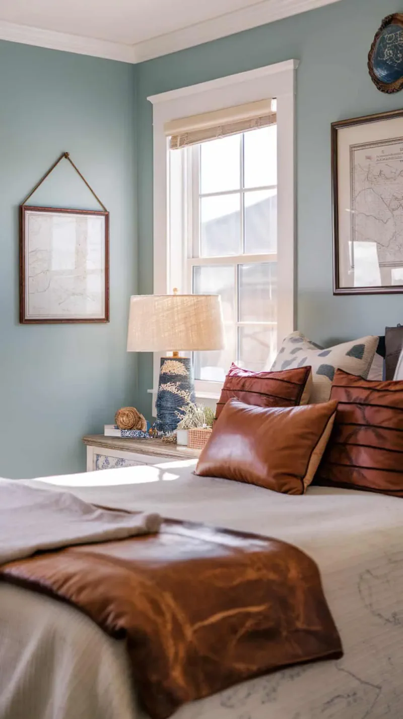 A cozy bedroom with soft blue walls and leather throw pillows on the bed.