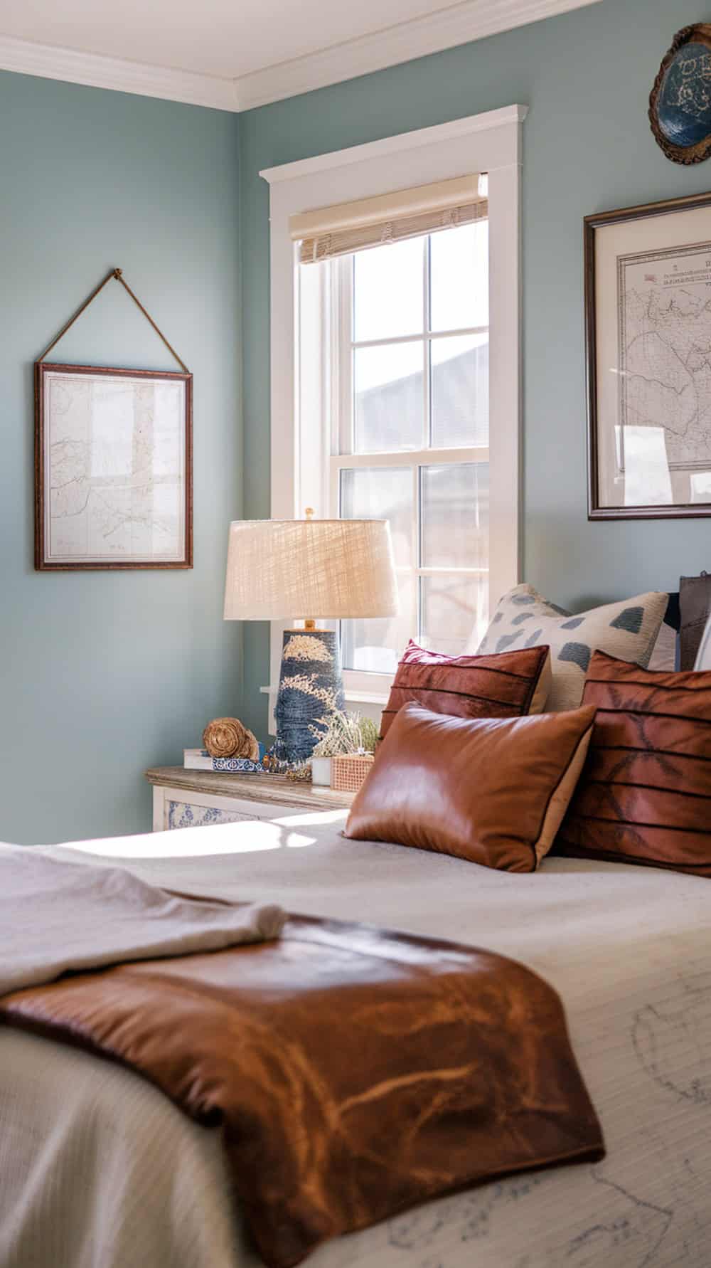 A cozy bedroom with soft blue walls and leather throw pillows on the bed.