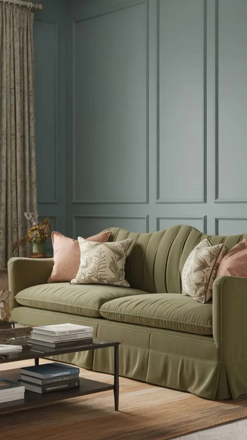 Living room with soft blue walls and an olive green sofa, featuring decorative pillows and a coffee table.