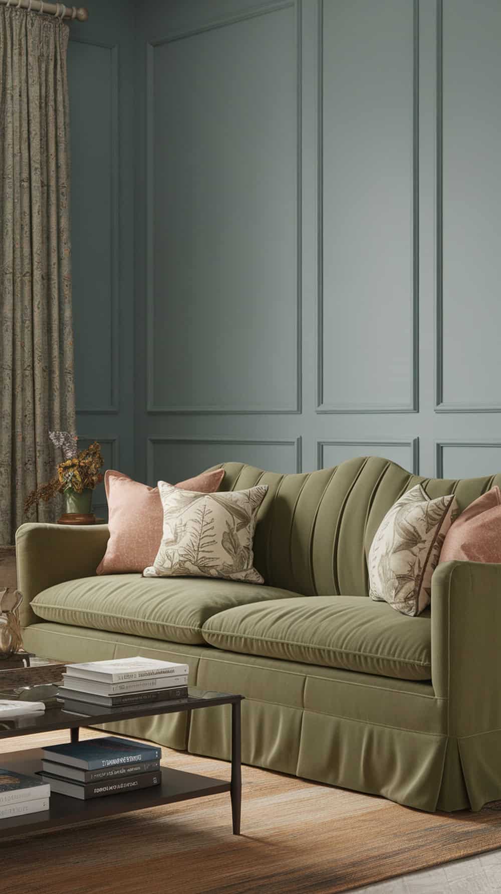 Living room with soft blue walls and an olive green sofa, featuring decorative pillows and a coffee table.