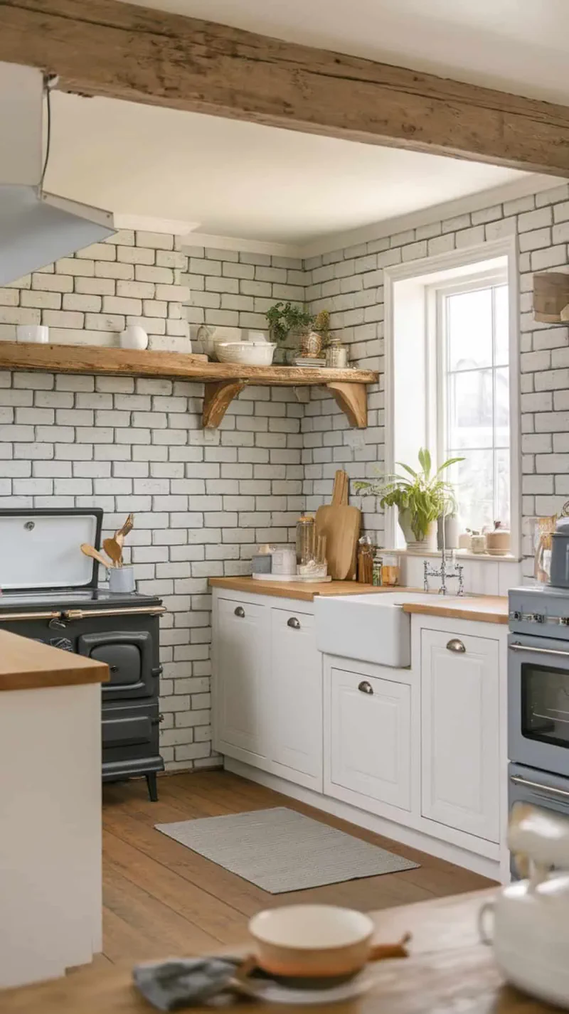 A cozy kitchen featuring soft gray brick backsplash, white cabinets, and wooden shelves.
