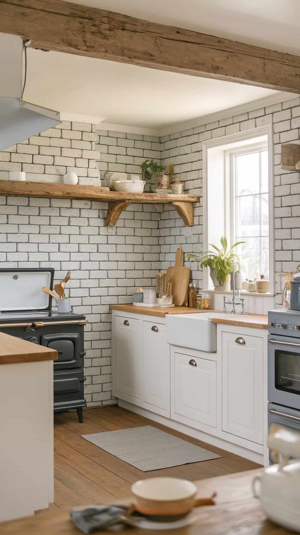 A cozy kitchen featuring soft gray brick backsplash, white cabinets, and wooden shelves.