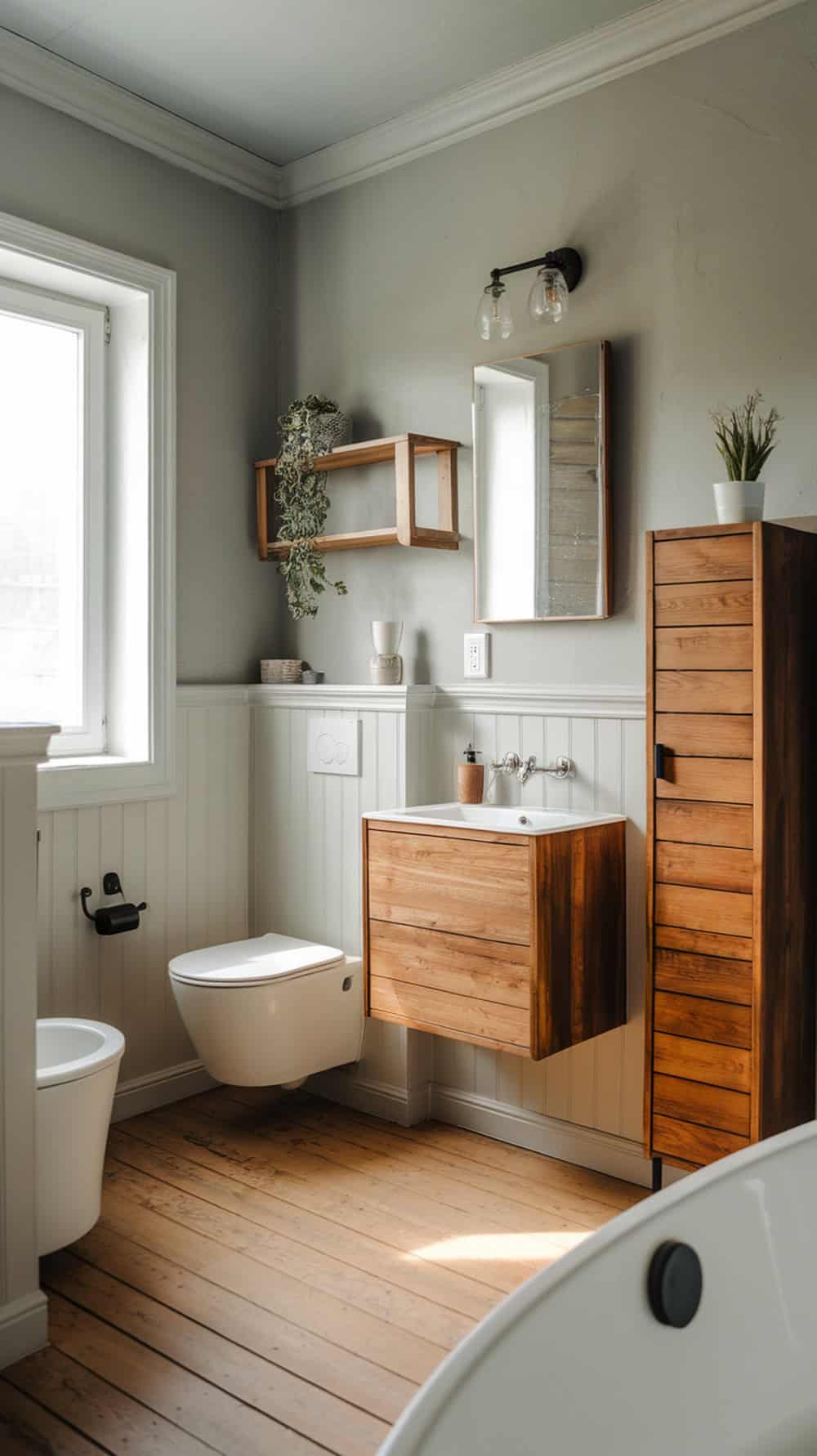 A modern rustic bathroom featuring soft gray walls and warm wood tones, with wooden cabinets and stylish lighting.