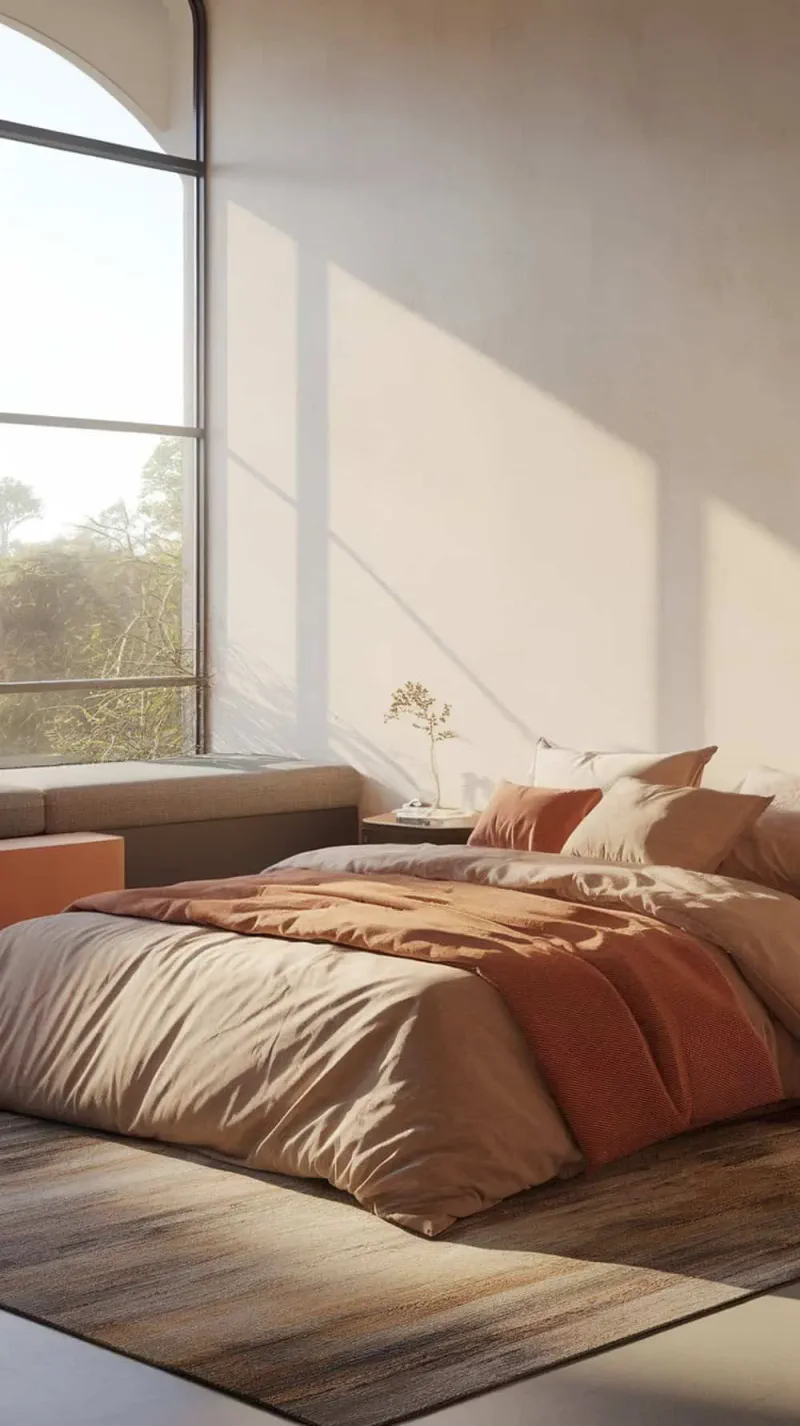 A cozy bedroom featuring soft layered bedding in earth tones, with natural light streaming through large windows.