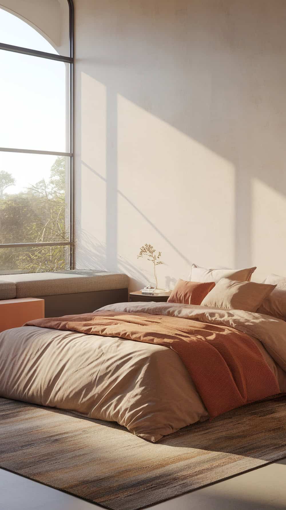 A cozy bedroom featuring soft layered bedding in earth tones, with natural light streaming through large windows.