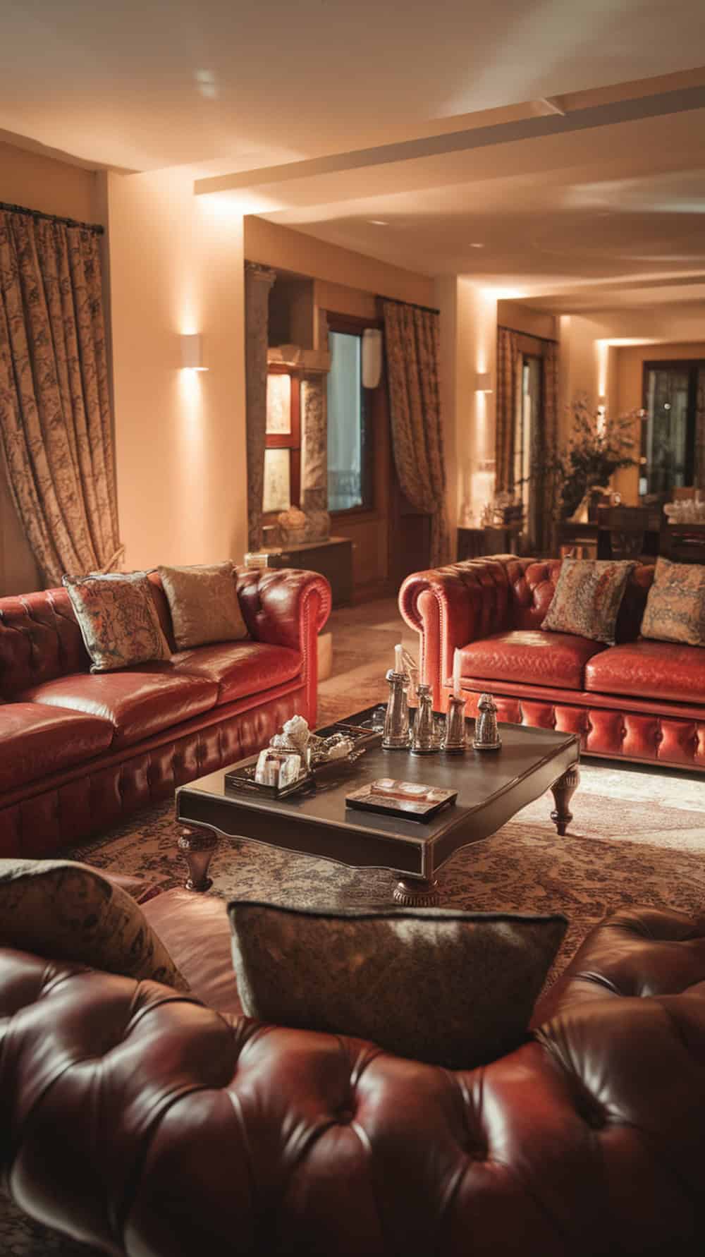 A cozy living room with rich leather furniture and soft lighting.
