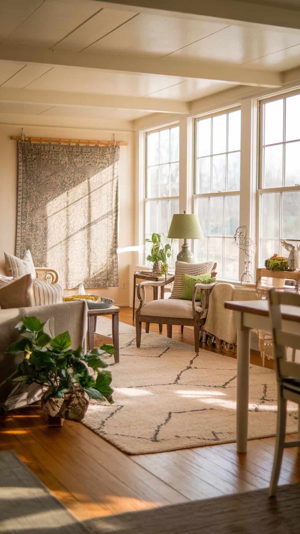 A cozy living room with a soft neutral rug on wooden floors, featuring natural light and plants.