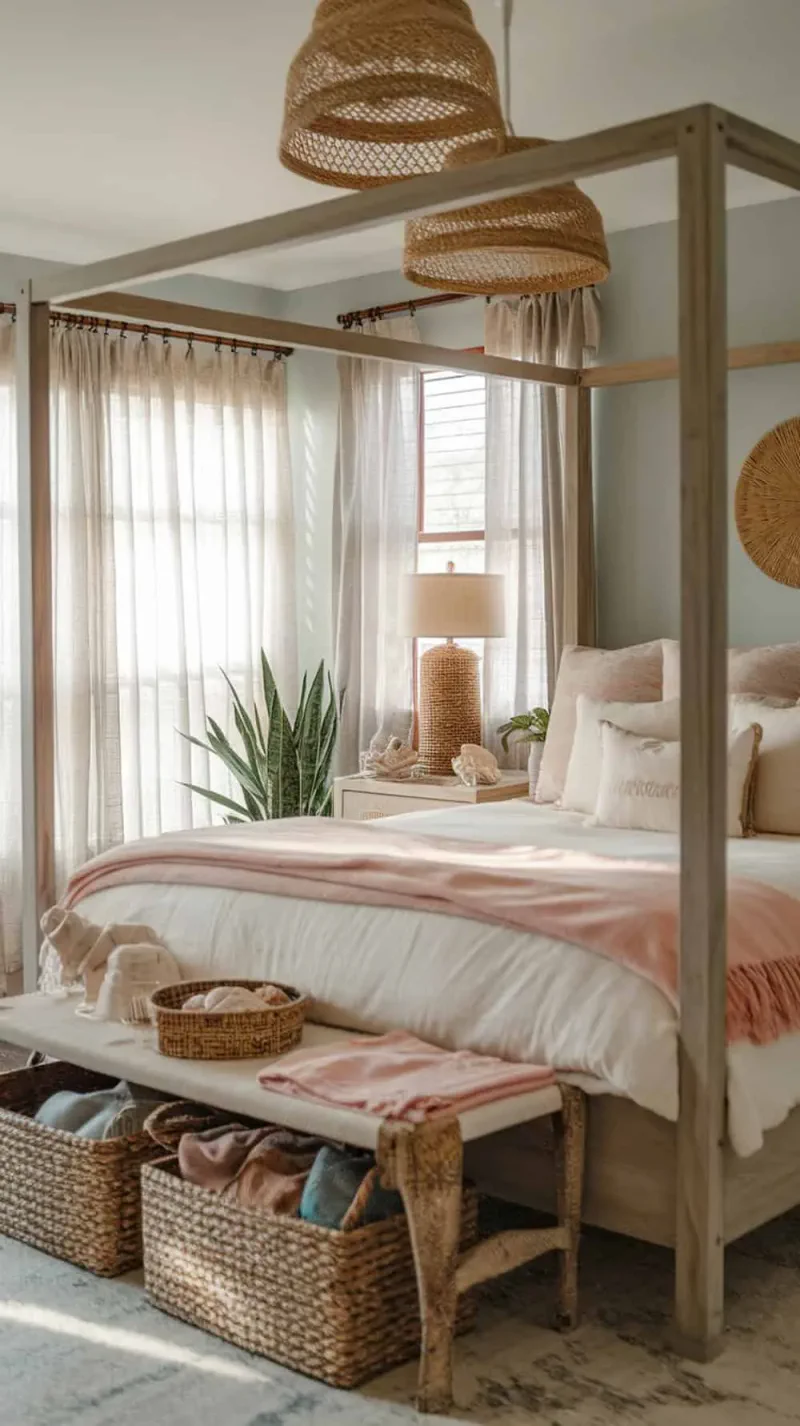 A cozy bedroom featuring a wood bed frame with soft pink throws, natural light, and decorative baskets.