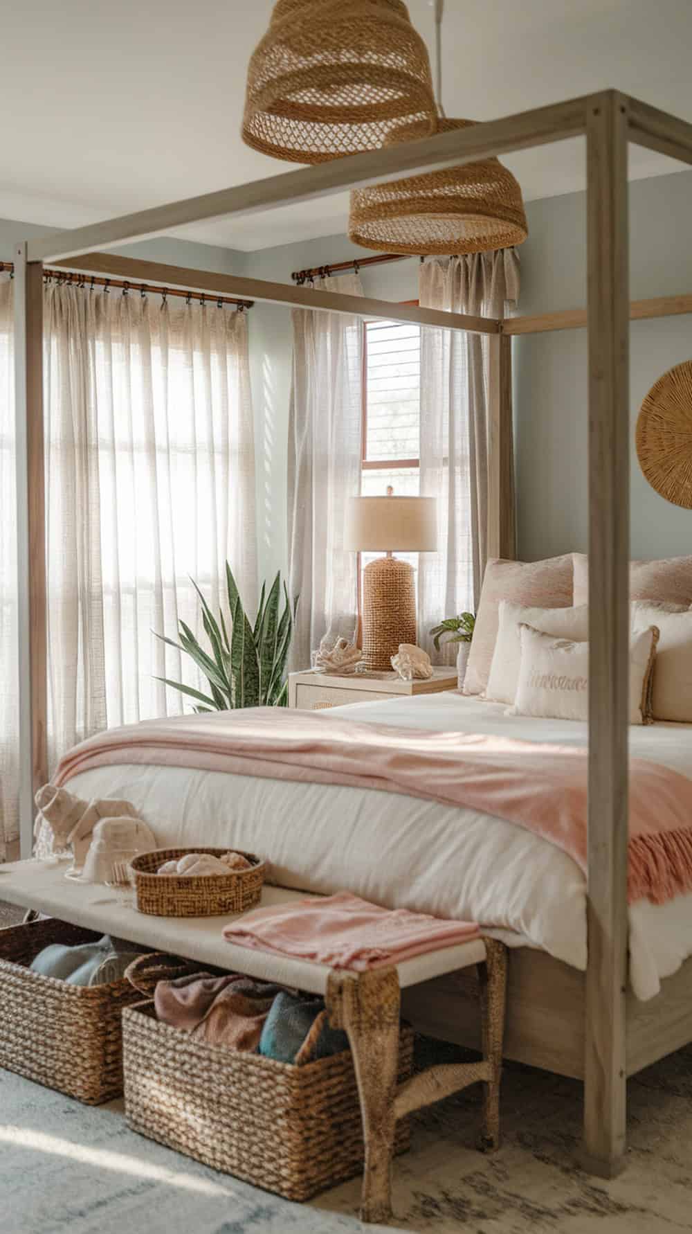 A cozy bedroom featuring a wood bed frame with soft pink throws, natural light, and decorative baskets.