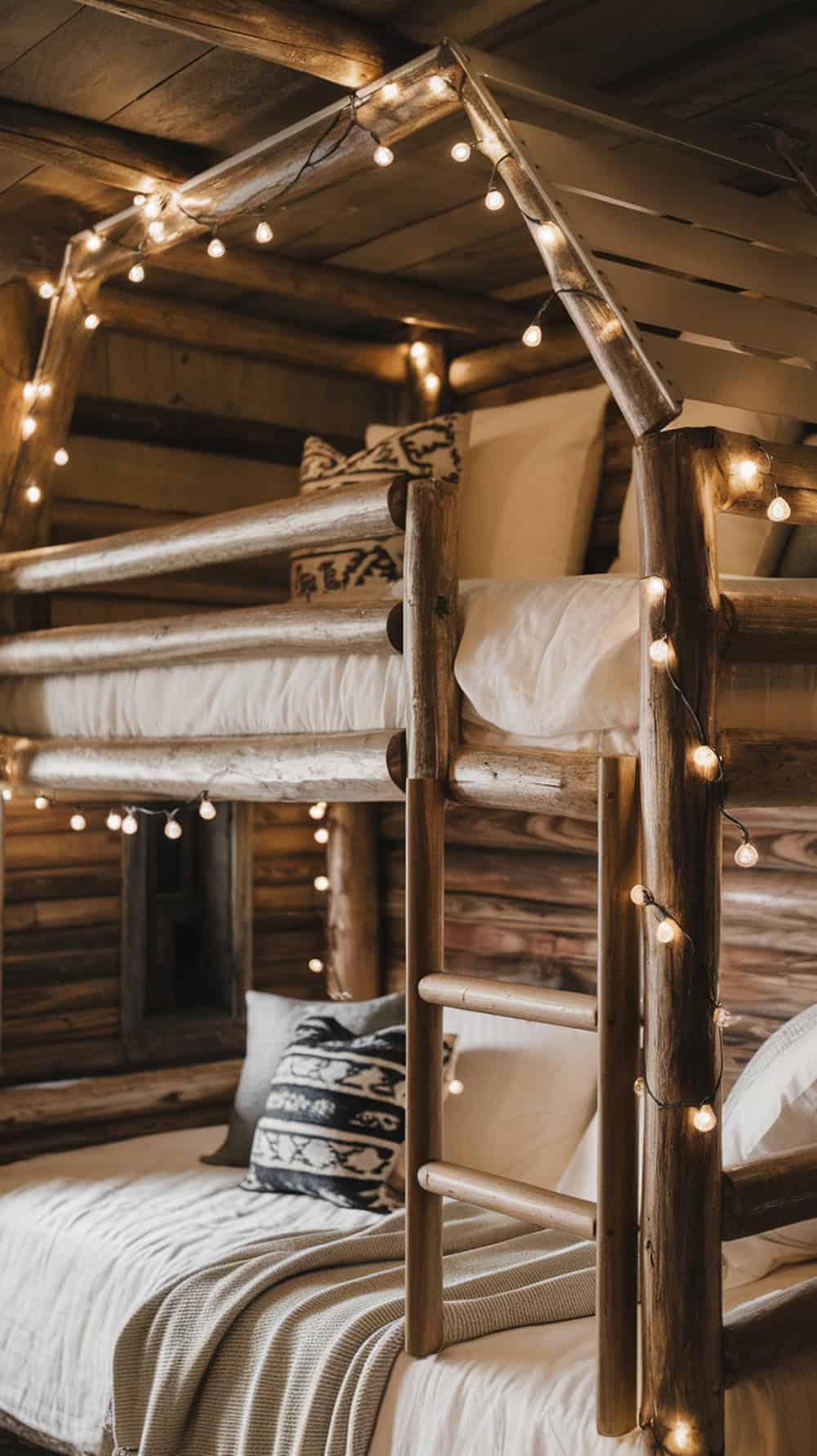 Bunk bed with soft string lights wrapped around the frame, creating a cozy atmosphere.