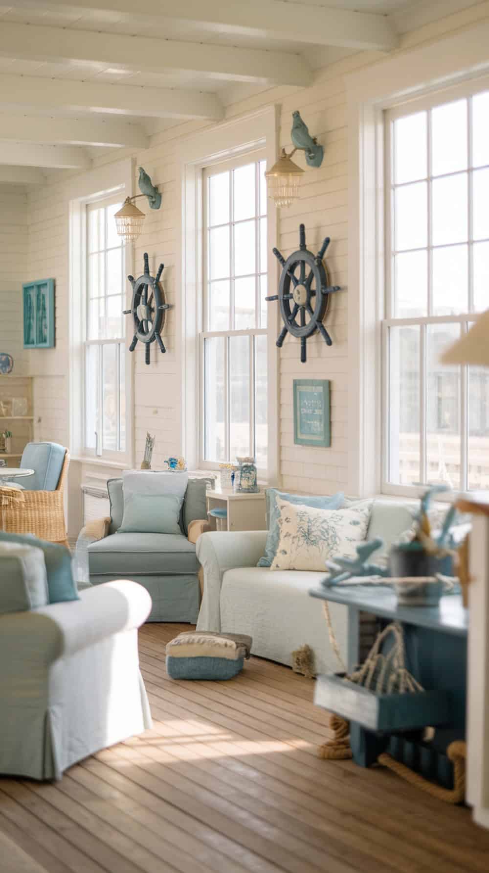 Coastal living room with soft white walls and blue-green accents, featuring large windows and nautical decor.