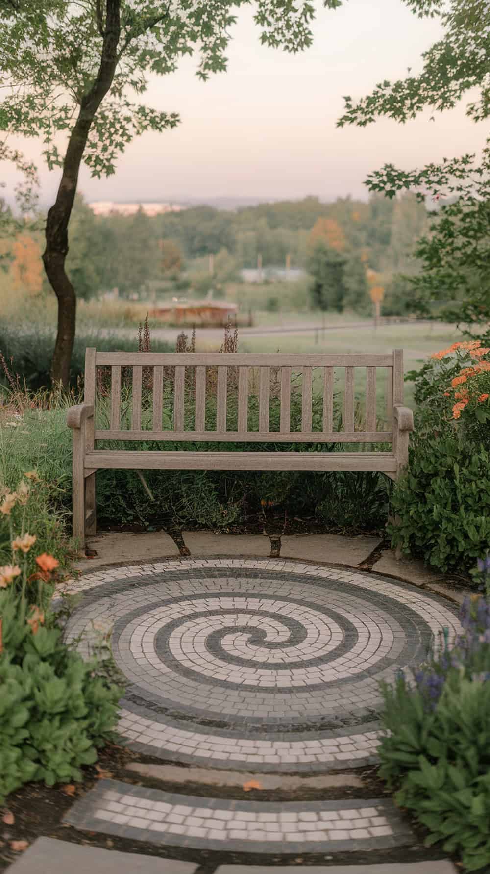 Spiral mosaic stones leading to a wooden bench surrounded by greenery and flowers