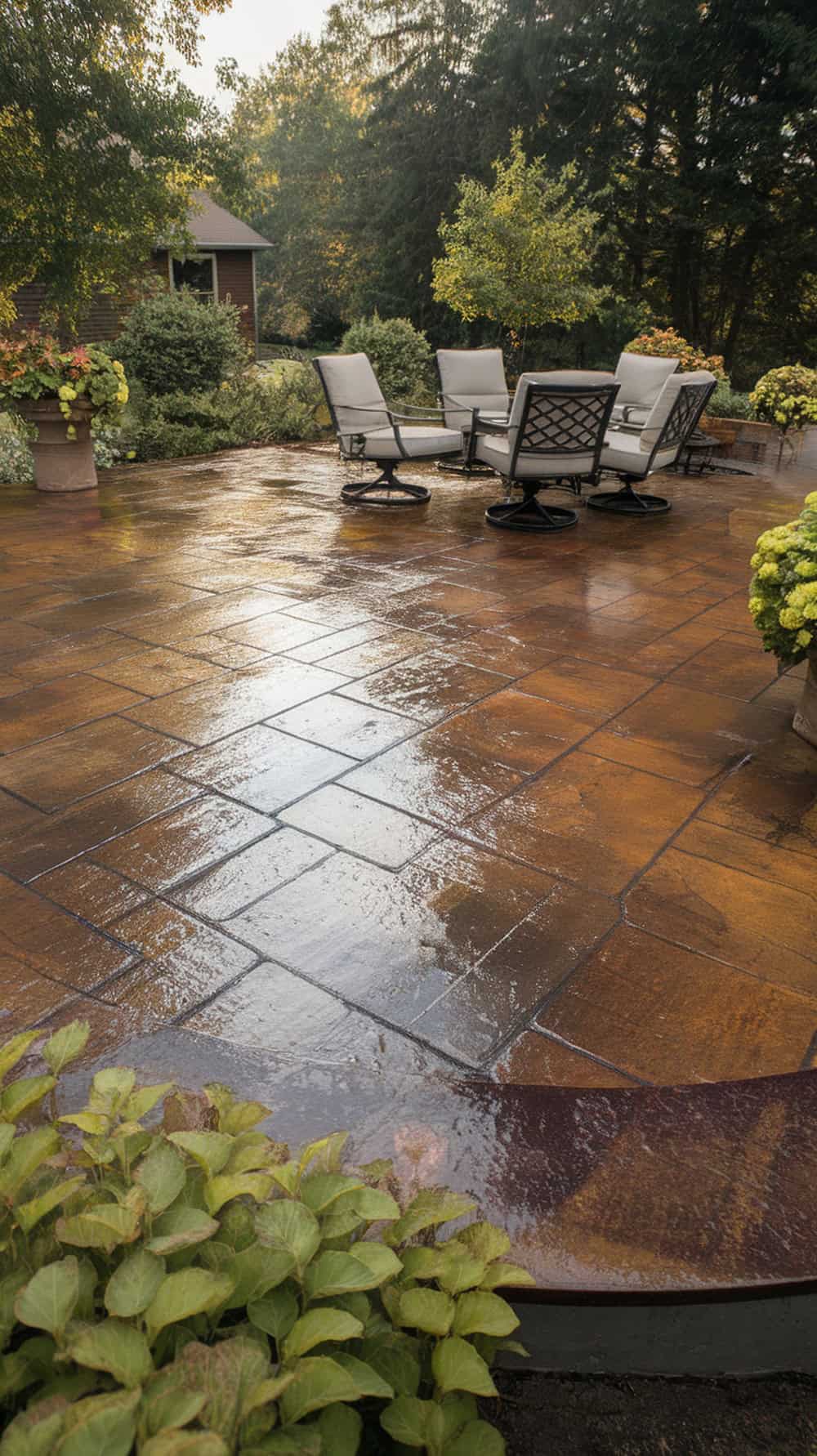 A stained and sealed stamped concrete patio with shiny finish and outdoor seating.