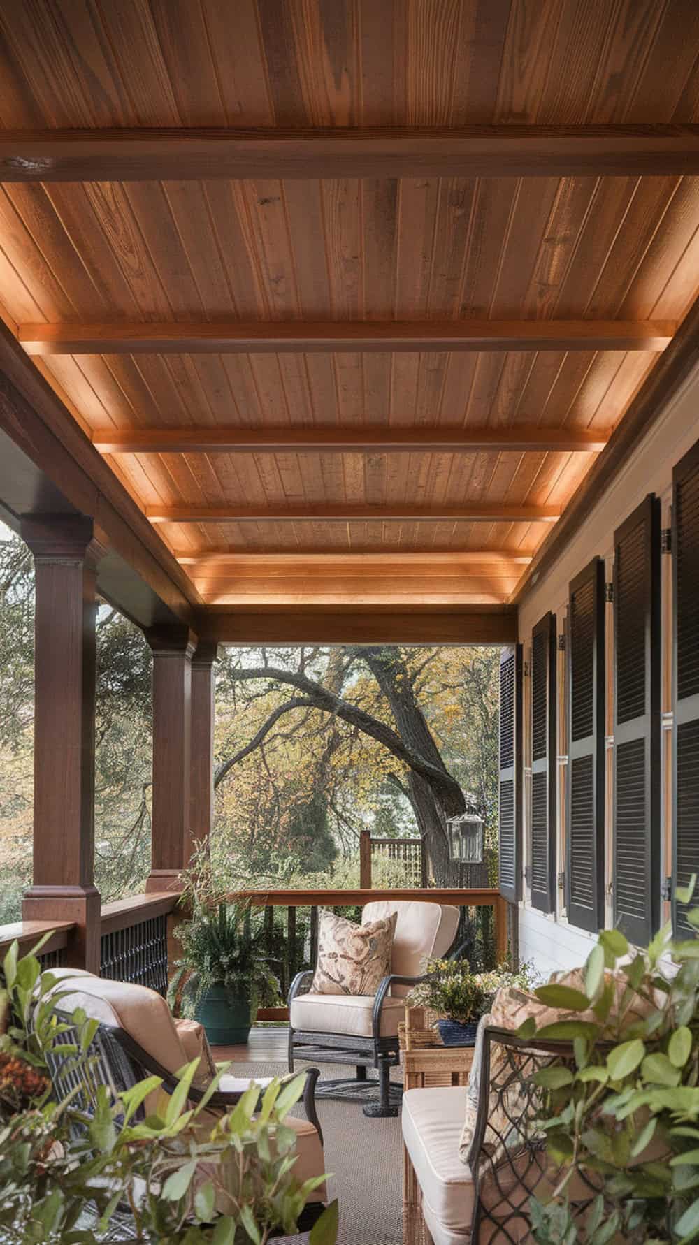 A cozy porch with a stained cedar ceiling, comfortable seating, and plants.