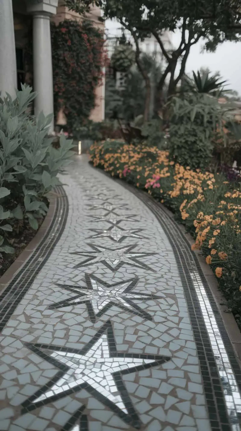 A winding pathway made of star-shaped stones with mirror accents, surrounded by colorful flowers.