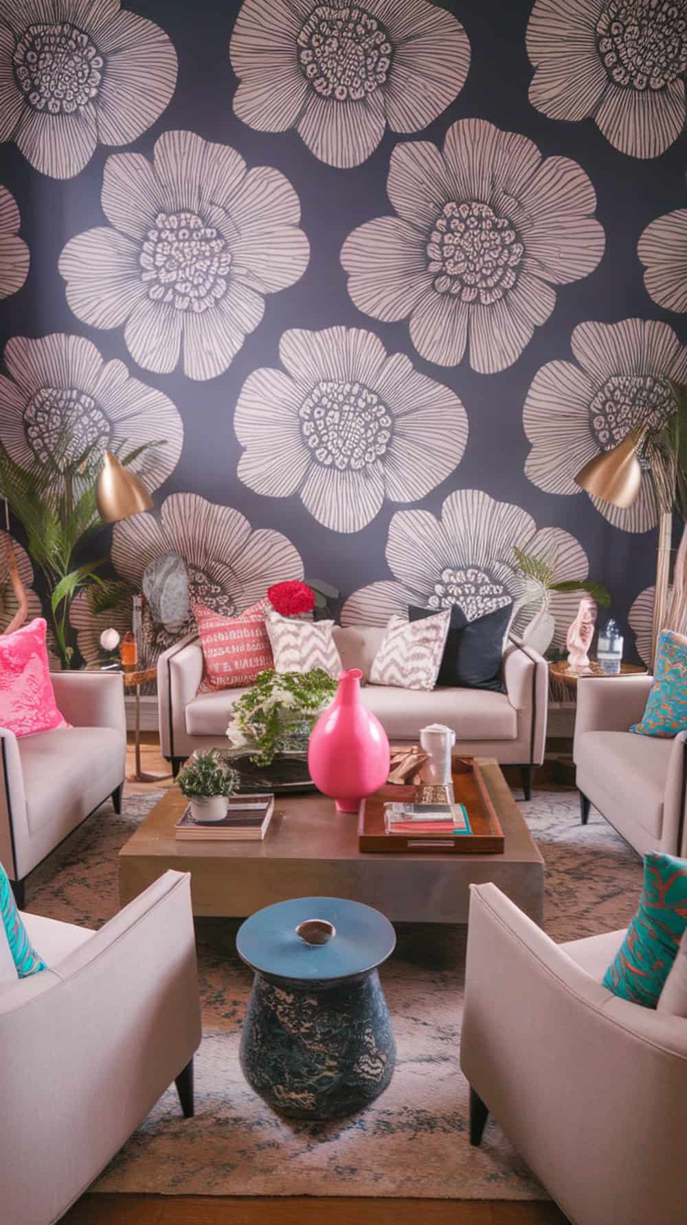 A modern living room with bold floral wallpaper and clean-lined furniture.