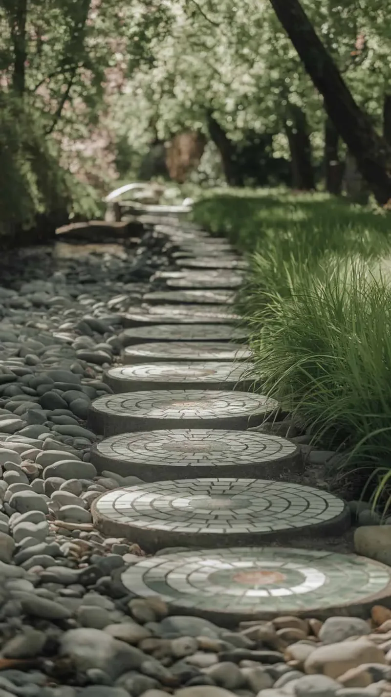 A pathway with stepping stones framed by river rocks, surrounded by greenery.