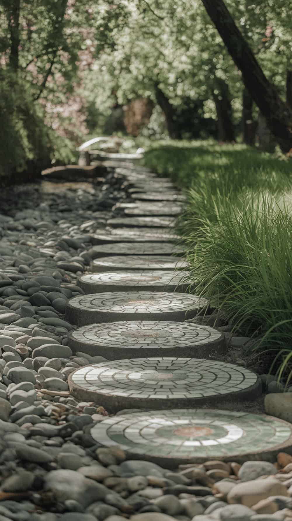 A pathway with stepping stones framed by river rocks, surrounded by greenery.