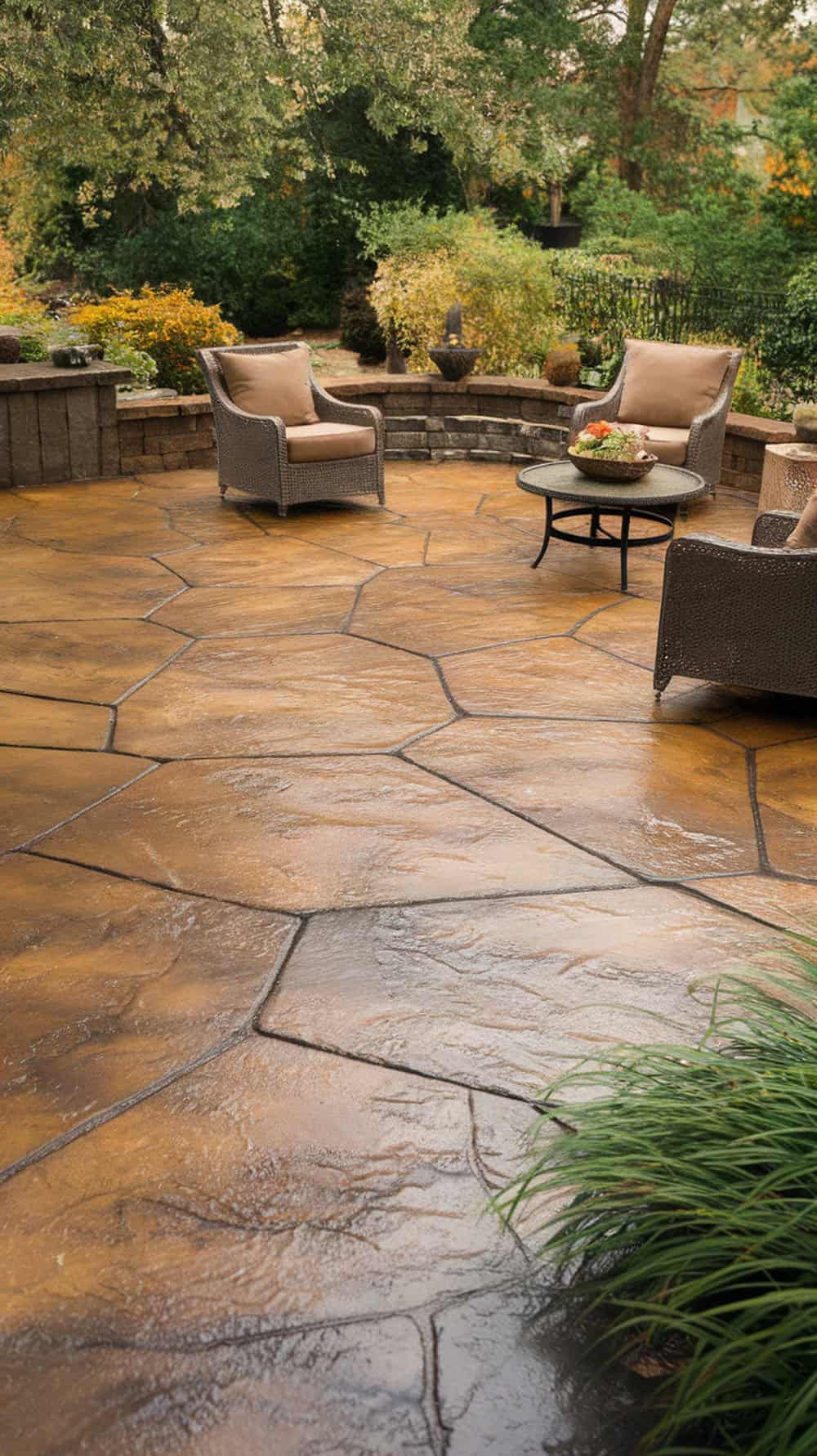 A stone-look stamped concrete patio with natural tones, featuring comfortable seating and a table.