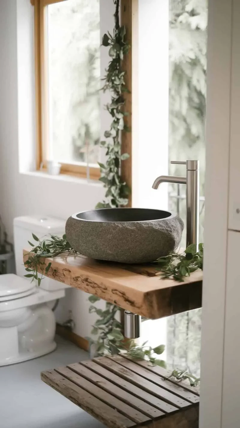 A rustic bathroom featuring a stone sink bowl on a wooden floating shelf, surrounded by greenery.