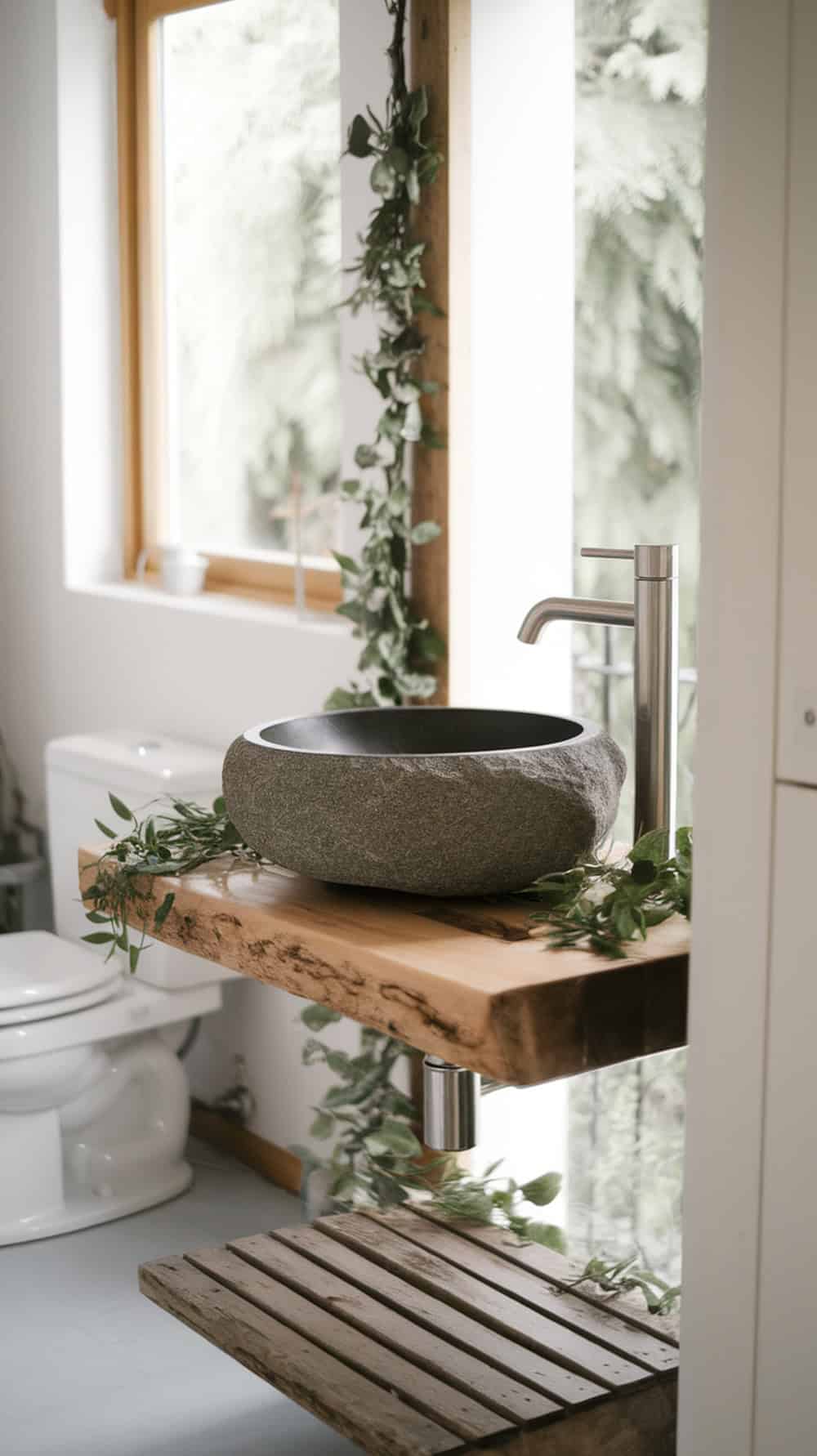 A rustic bathroom featuring a stone sink bowl on a wooden floating shelf, surrounded by greenery.