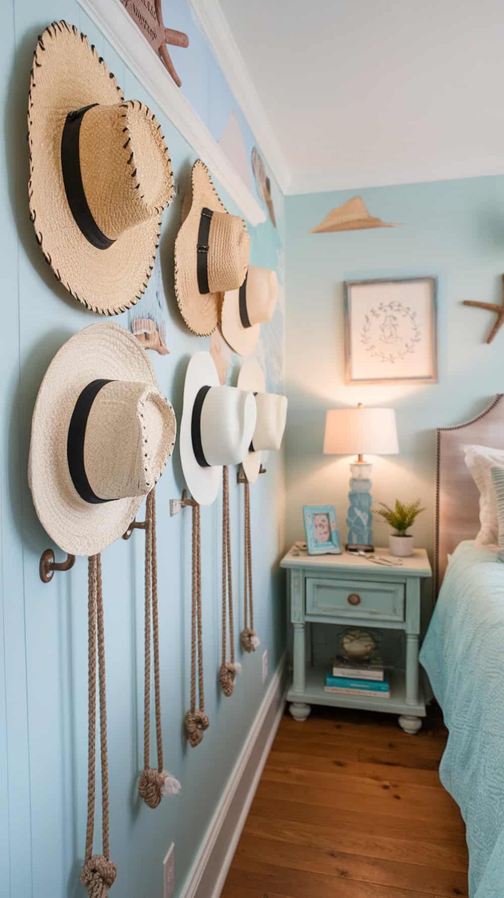 A wall display of straw hats on rope hooks in a coastal-themed bedroom.