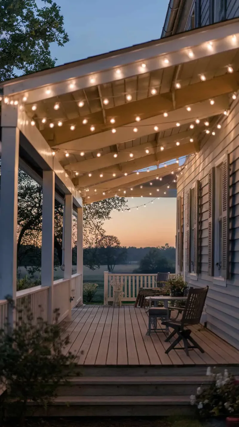 Porch decorated with string lights hanging across the ceiling at sunset.