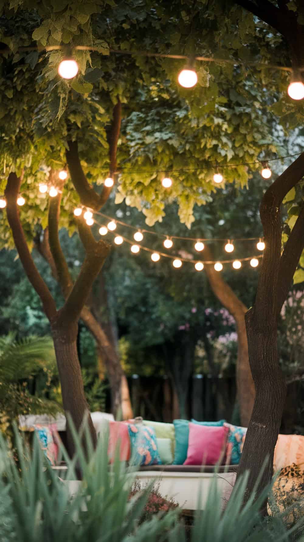 String lights hanging between trees in a garden setting