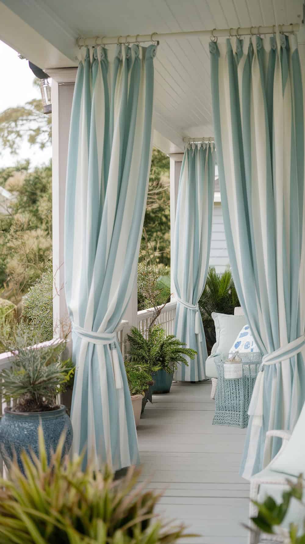Outdoor porch with striped blue and white curtains, potted plants, and cozy seating.