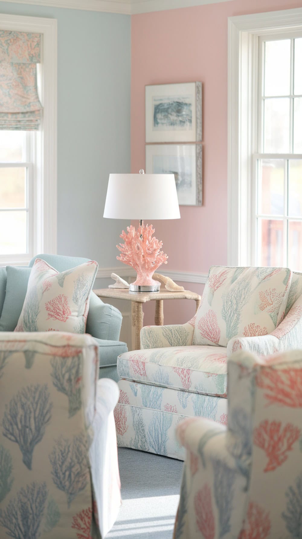 A coastal living room featuring coral-patterned furniture and a coral lamp.