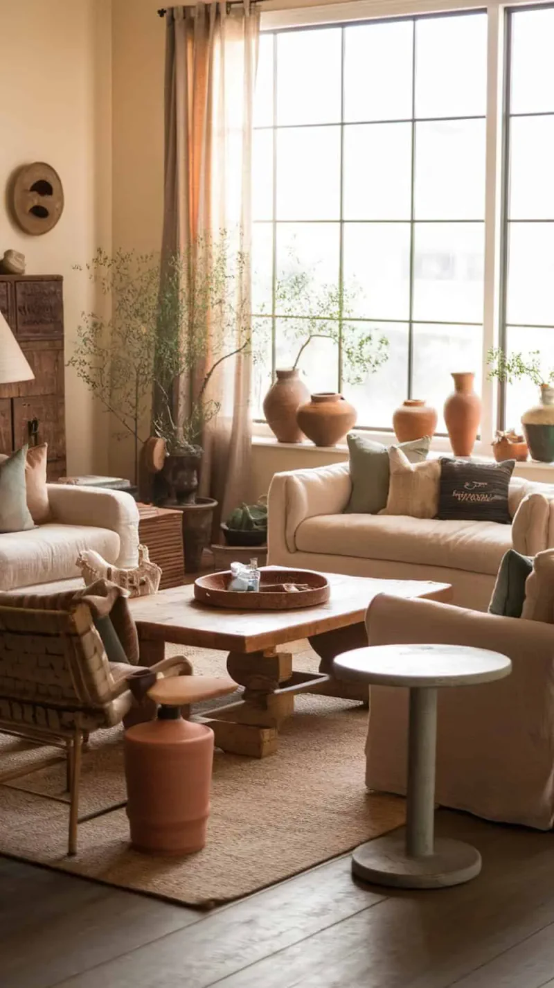 A cozy living room featuring plants in clay and ceramic pots, with comfortable seating and natural light.