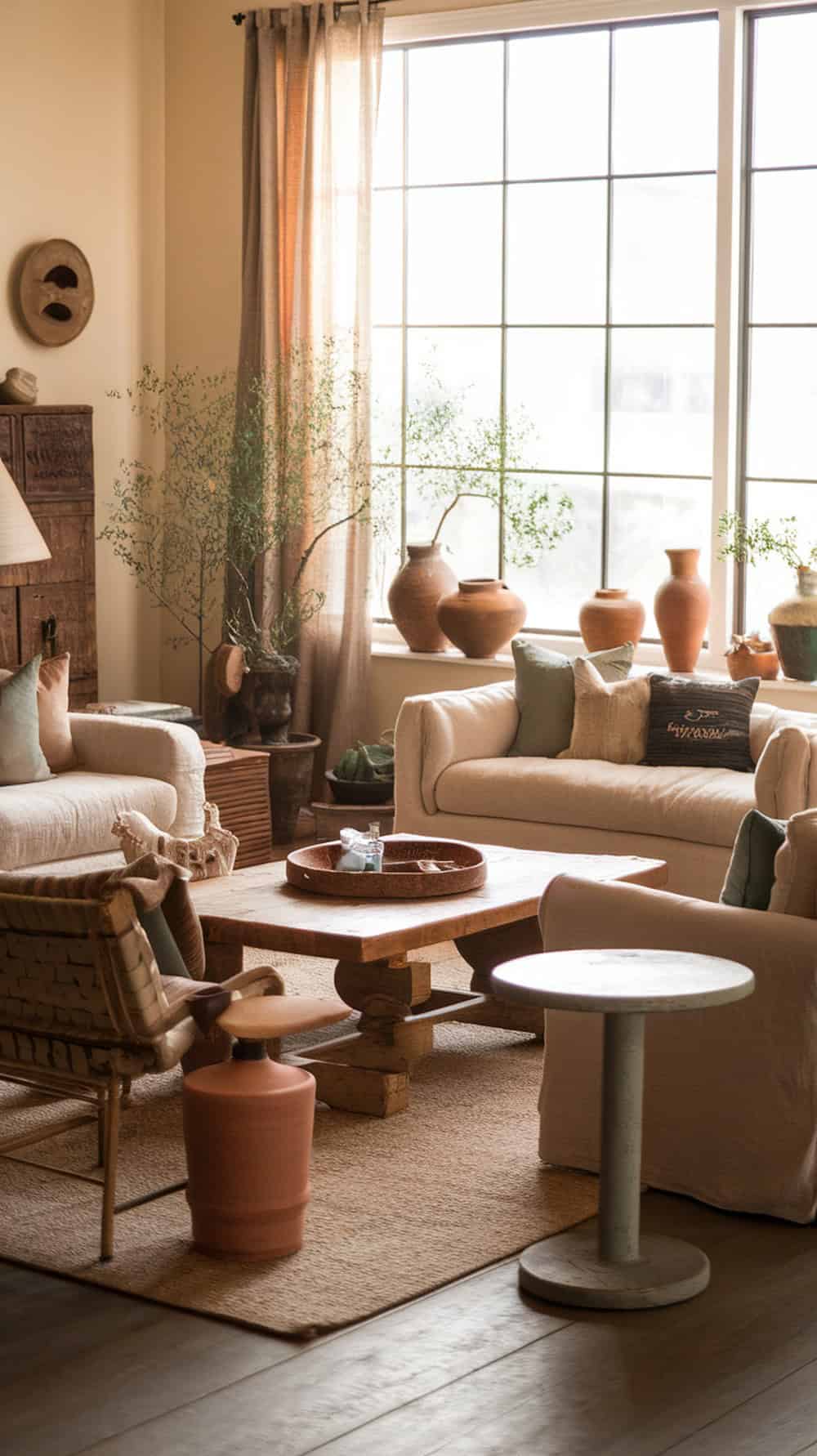 A cozy living room featuring plants in clay and ceramic pots, with comfortable seating and natural light.