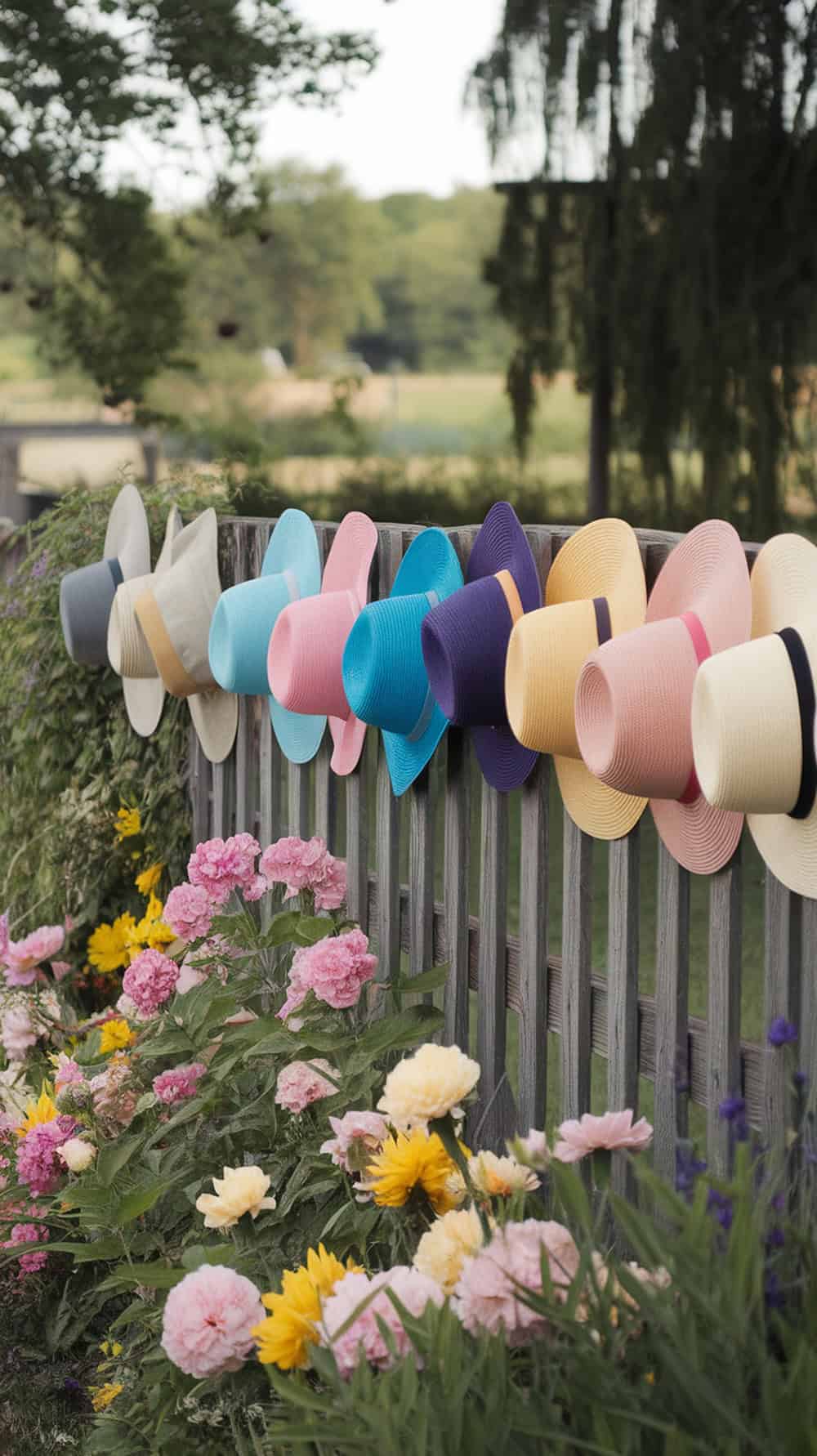 Colorful sun hats hanging on a wooden fence with flowers below.