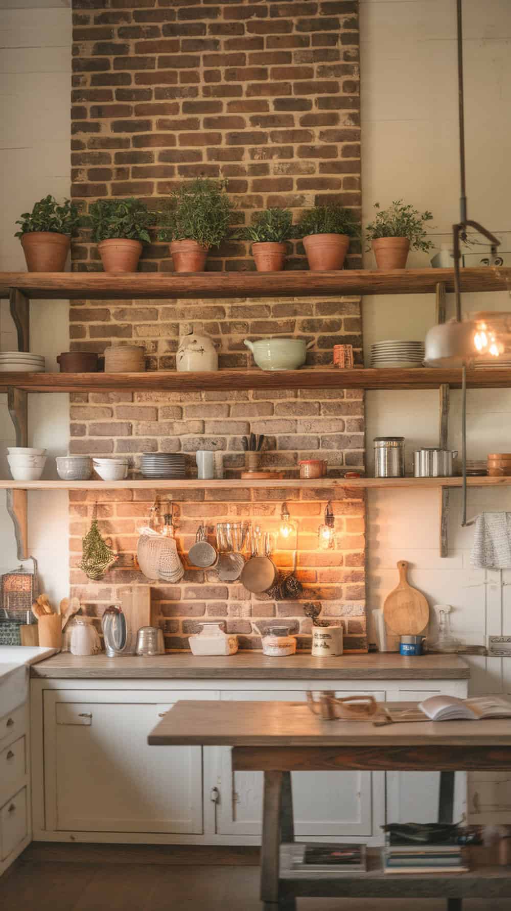 A cozy farmhouse kitchen with a tall brick backsplash and wooden open shelving filled with pots and kitchenware.