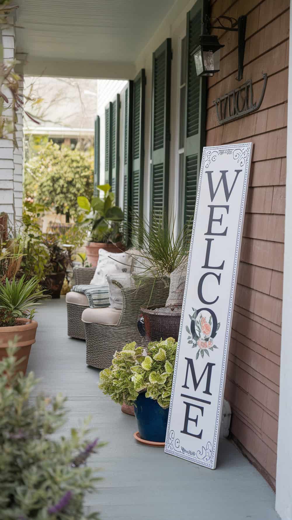 A tall welcome sign on a narrow front porch, surrounded by plants and seating.