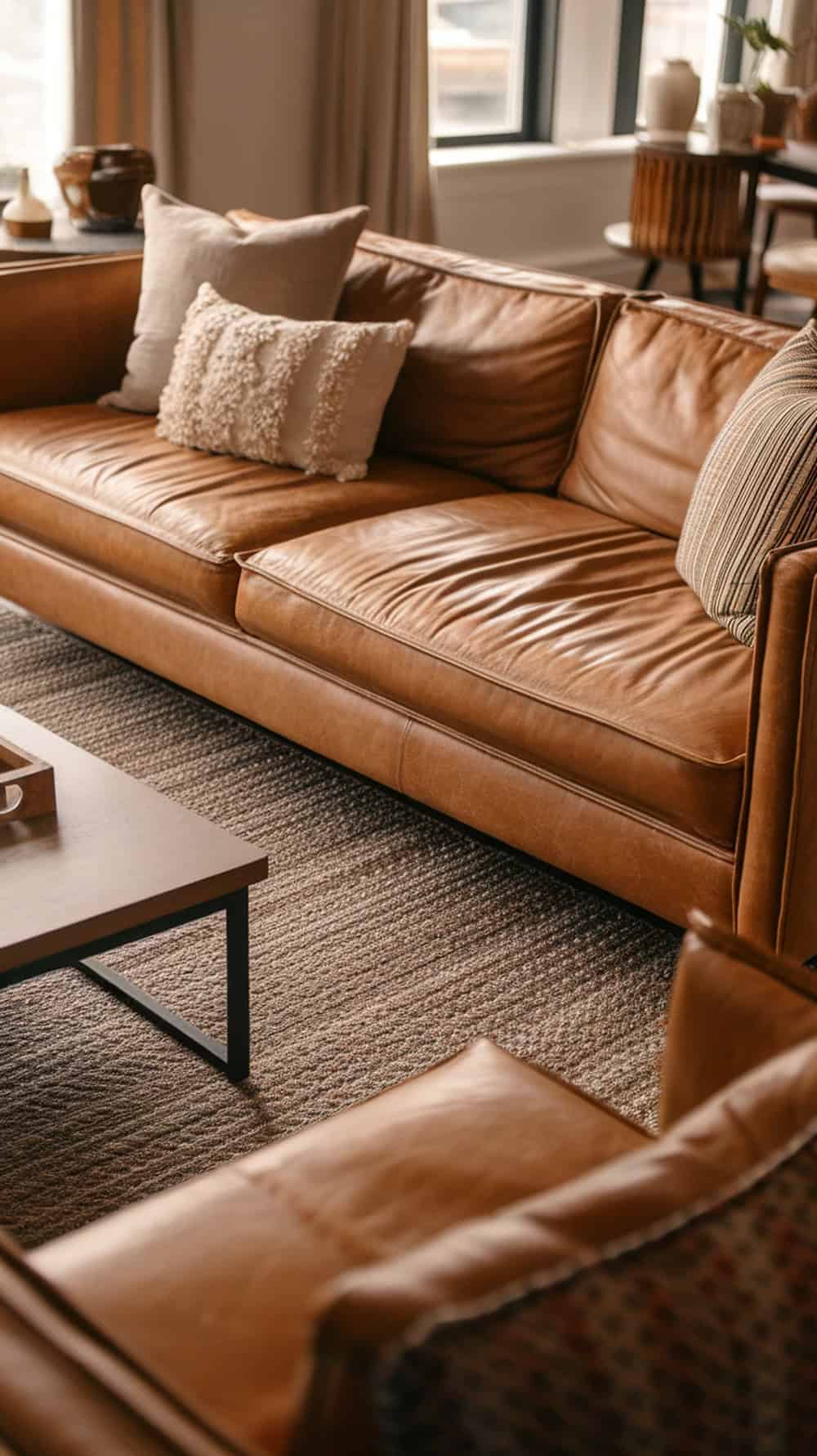 A tan leather couch with pillows on a woven rug in a cozy living room setting.