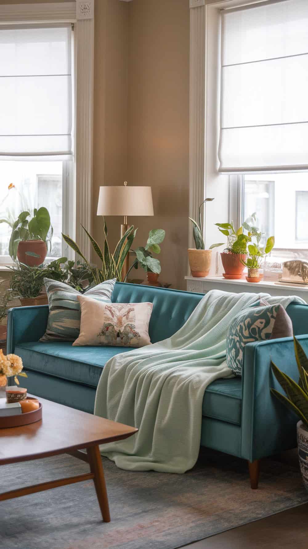 A teal sofa with a mint green blanket and decorative pillows, surrounded by plants in a cozy living room.