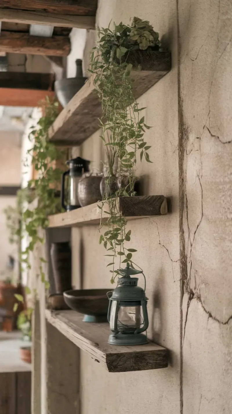 Textured cement wall with rustic wooden shelves displaying plants and decorative items.