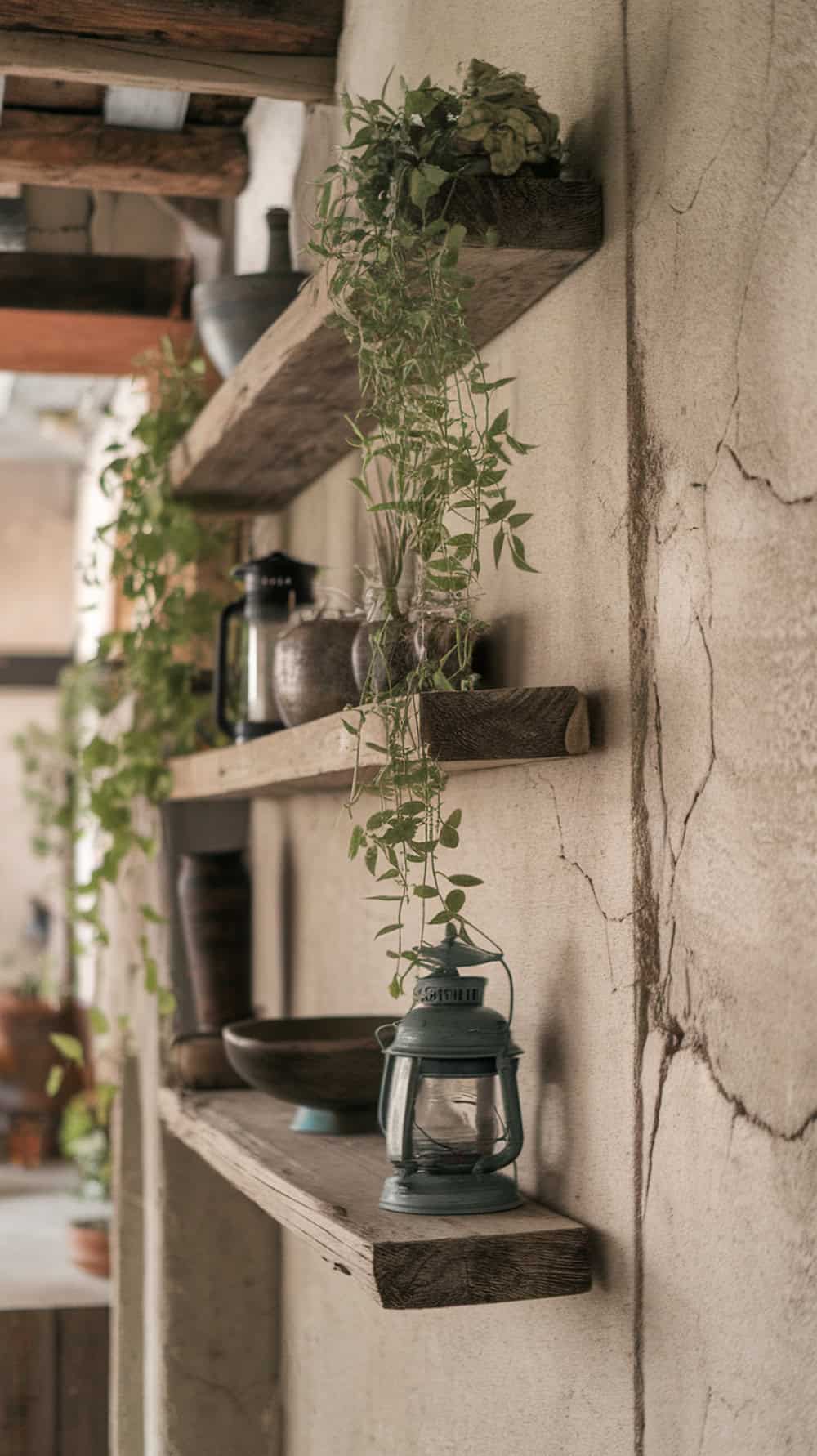 Textured cement wall with rustic wooden shelves displaying plants and decorative items.