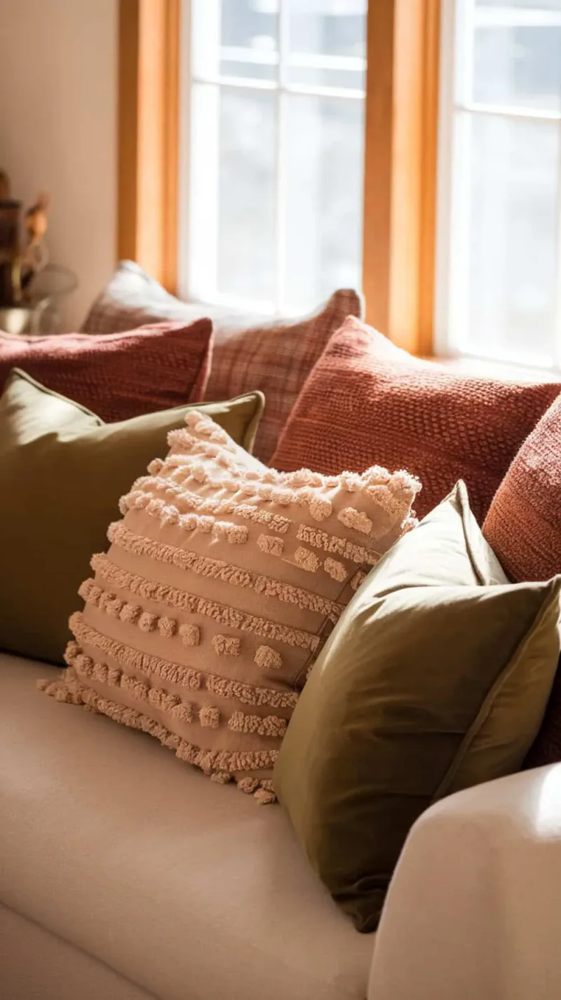 A cozy couch with textured throw pillows in earthy colors.