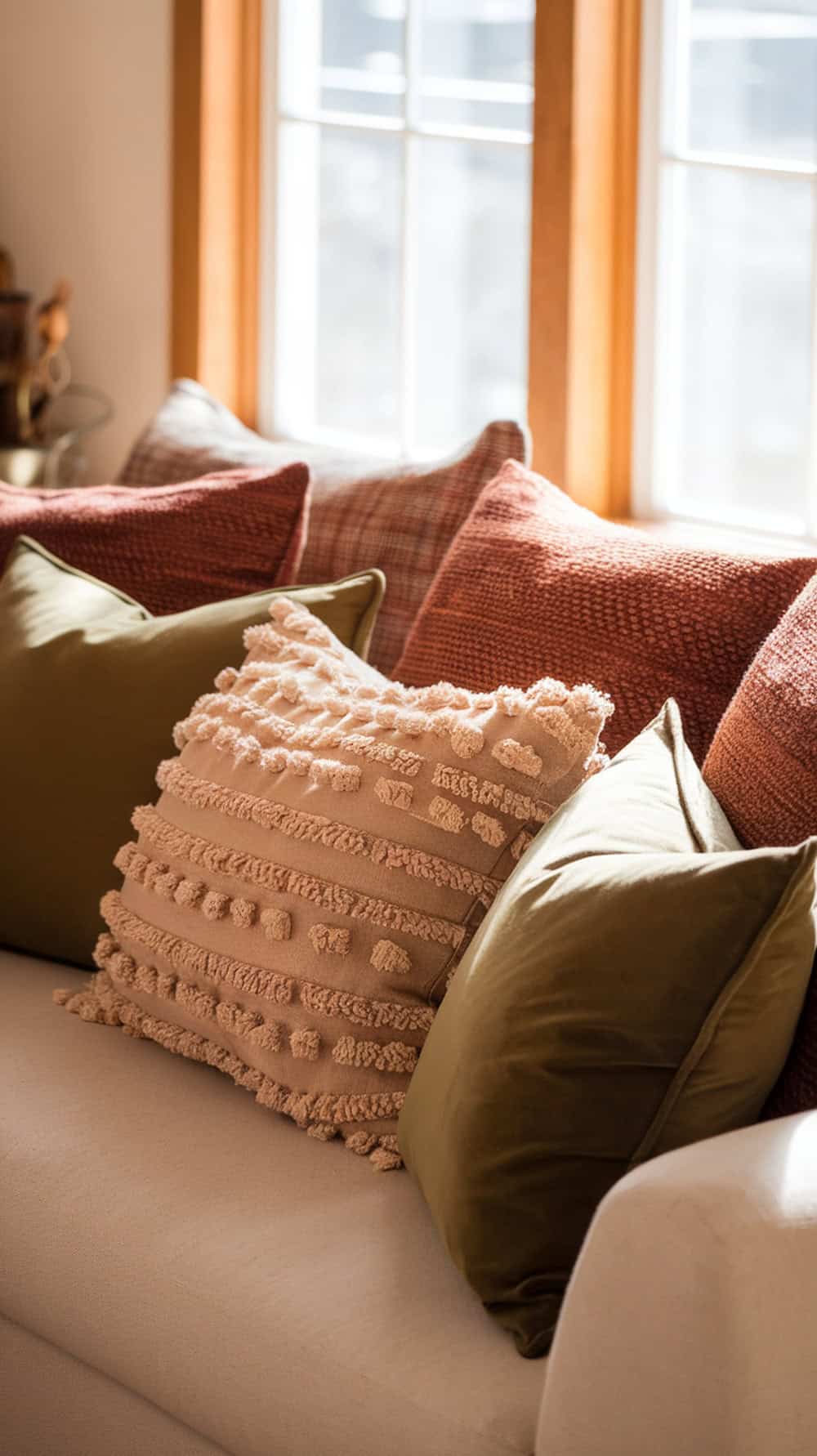 A cozy couch with textured throw pillows in earthy colors.