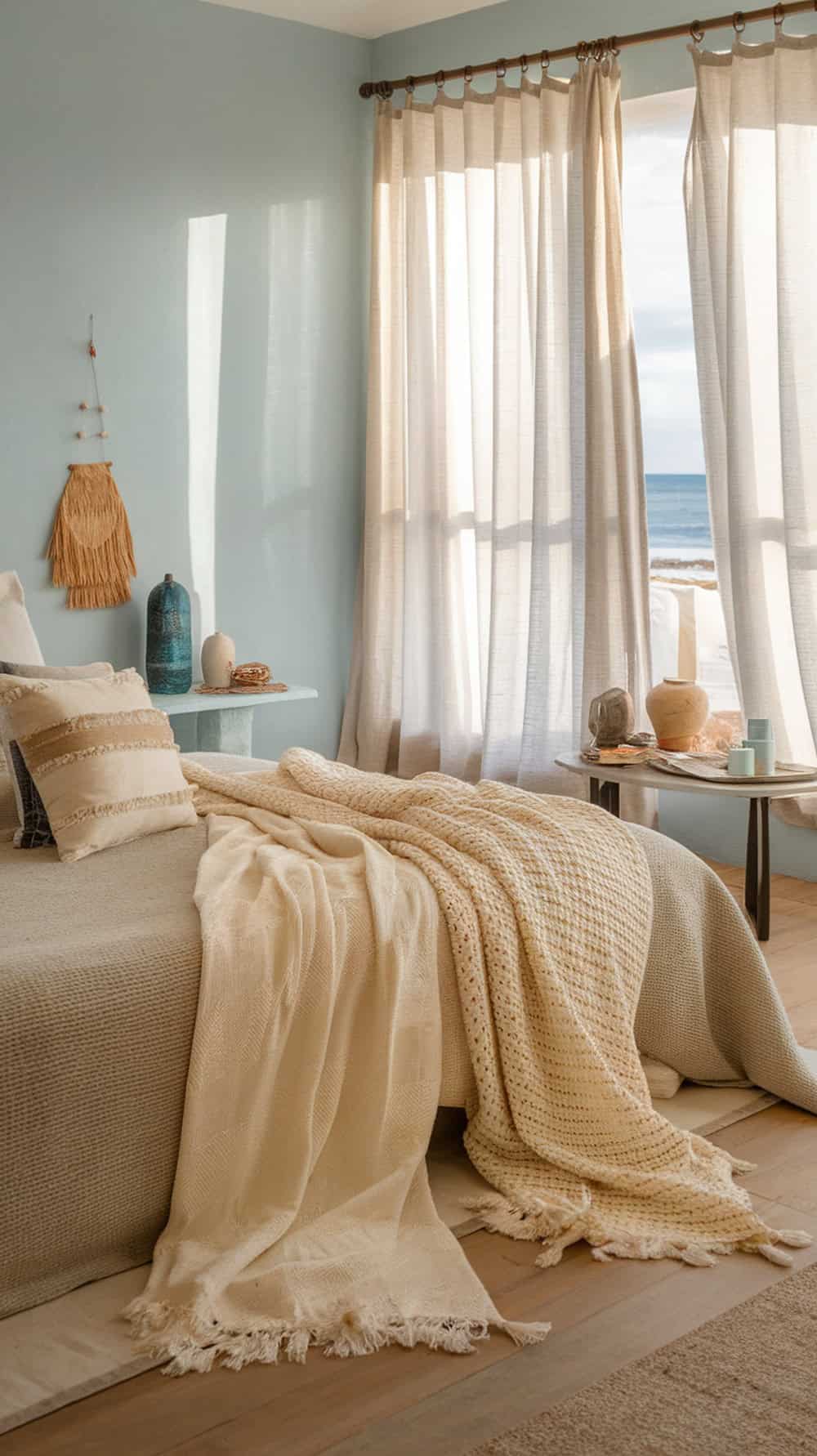 A cozy coastal bedroom featuring textured throws in ivory, cream, and beige, with a serene ocean view.