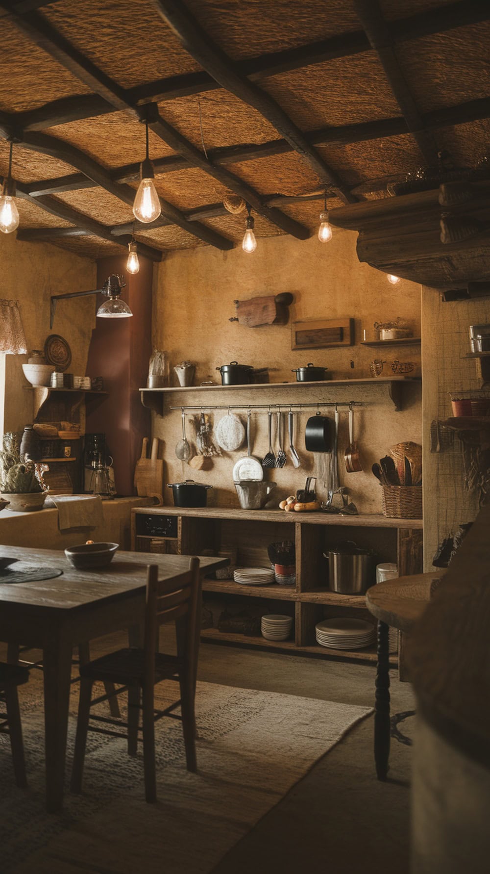 A rustic kitchen with a textured wood ceiling and hanging lights, creating a cozy atmosphere.