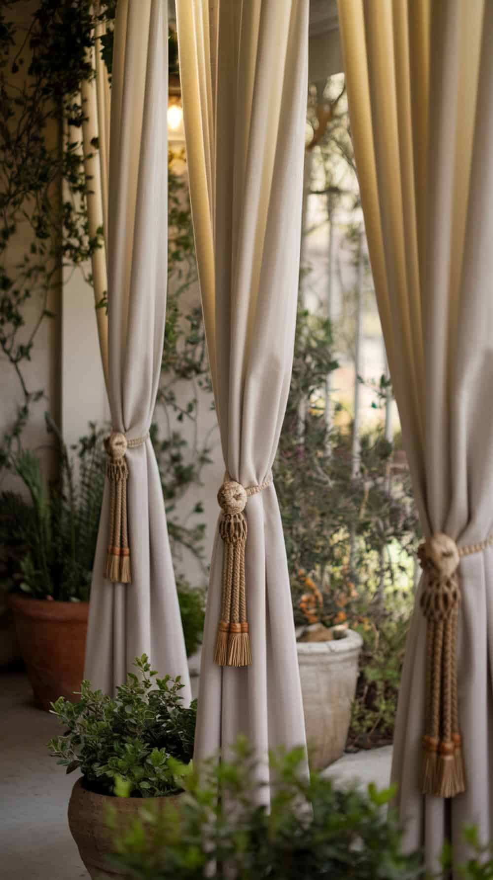 Tie-back curtains with rope holders on a porch, surrounded by plants.